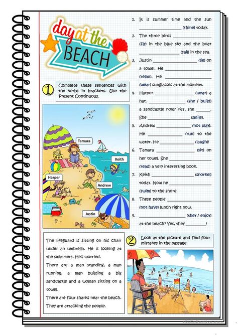 DAY AT THE BEACH - PRESENT CONTINUOUS - English ESL Worksheets for distance learning and physical classrooms At The Beach Worksheet, Beach Vocabulary, Verb Vocabulary, Describing Pictures, Esl Reading Comprehension, Picture Comprehension, First Grade Reading Comprehension, English Conversation Learning, English Units