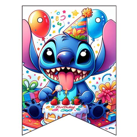 Stitch Happy Birthday Banner Stitch Birthday Decoration Ideas, Stitch Happy Birthday, Free Birthday Banner, Stitch Party, Stitch Birthday, Animated Emoticons, Free Banner, Party Flags, Cute Stitch