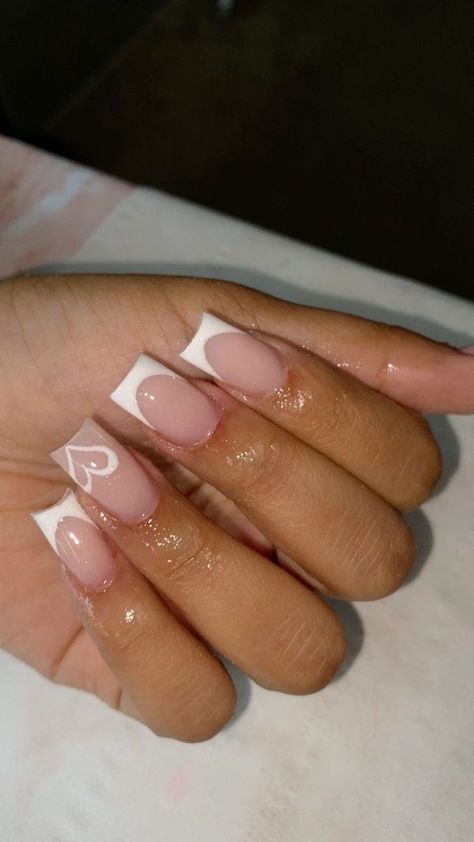 French Yup Nails, Pink Cdg Nails, French Tip Nails With Heart, Finger Extensions, Plain Acrylic Nails, Long French Tip Nails, Holiday Acrylic Nails, Tapered Square Nails, Girly Acrylic Nails