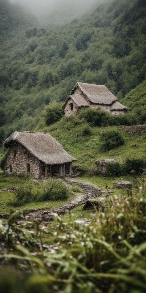 Medieval Forest House, Medieval Stone House, Fantasy Forest Village Aesthetic, Abandoned Medieval Village, Fantasy Abandoned Village, Abandoned Village Aesthetic, Midevil Village Aesthetic, Medieval Peasant House, Medieval Forest Village