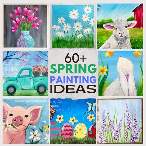 60+ Spring Painting Ideas for All Abilities! Easy Acrylic Paint Tutorial, Canvas Painting Ideas Spring, Spring Easy Paintings, Simple Spring Paintings, Easy Spring Painting Ideas, May Painting Ideas, Spring Paint Party Ideas, Simple Spring Painting, Paint Class Ideas Step By Step