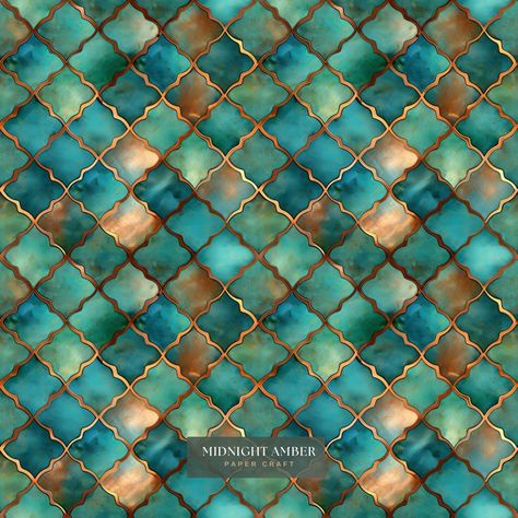 Teal And Gold Bathroom, Teal And Copper Bedroom, Endless Paper, Teal Color Schemes, Copper Tiles, Metallic Pattern, Unique Tile, Paper Fabric, Copper Patina