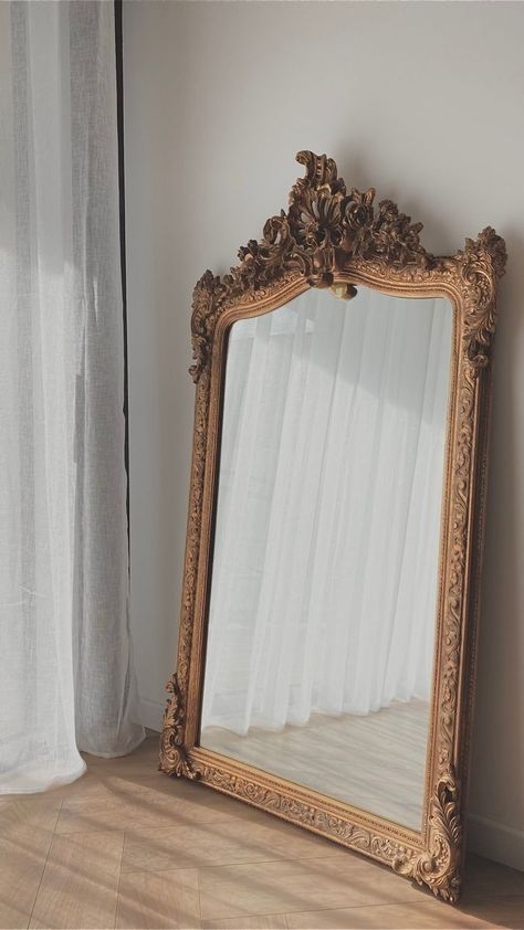 Large Mirror Bedroom Decor, Big Gold Mirror Aesthetic, Large Gold Framed Mirror, Cheap Floor Mirrors, Gilded Mirror Decor, Big Fancy Mirror, French Gold Mirror, French Mirror Living Room, Big Golden Mirror