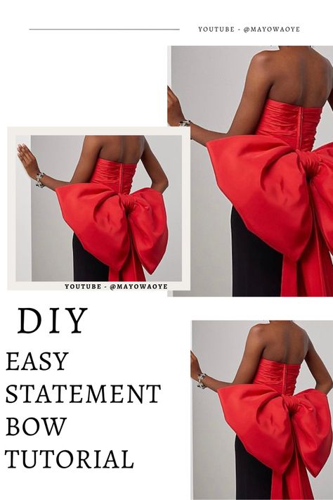 Easy statement bow tutorial Large Bow Pattern, Dresses With Big Bows On Back, Big Bow Outfit, Giant Fabric Bow, Bow Sewing Tutorial, Large Satin Bow Diy, Big Bow Top, Giant Bow Dress, Dress Bow Tutorial