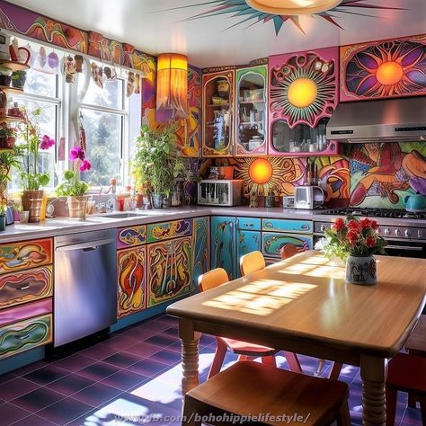 Colorful Boho Kitchen, Hippie Kitchen, Funky Kitchen, Whimsical Kitchen, Dreamy Space, Cozy Minimalist, Boho Interior Design, Bohemian Kitchen, Mexican Home Decor