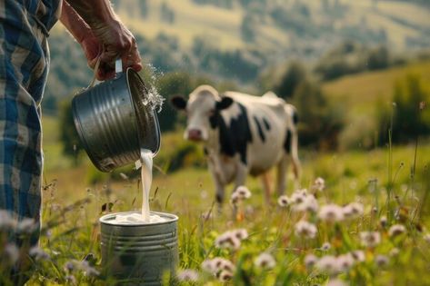 Photo farmer pouring milk with cow in me... | Premium Photo #Freepik #photo Milking Cow, Cow Milking, Cow Milk, Product Shoot, Milk Production, Dairy Cows, Milk Cow, Happy People, Farm Fresh