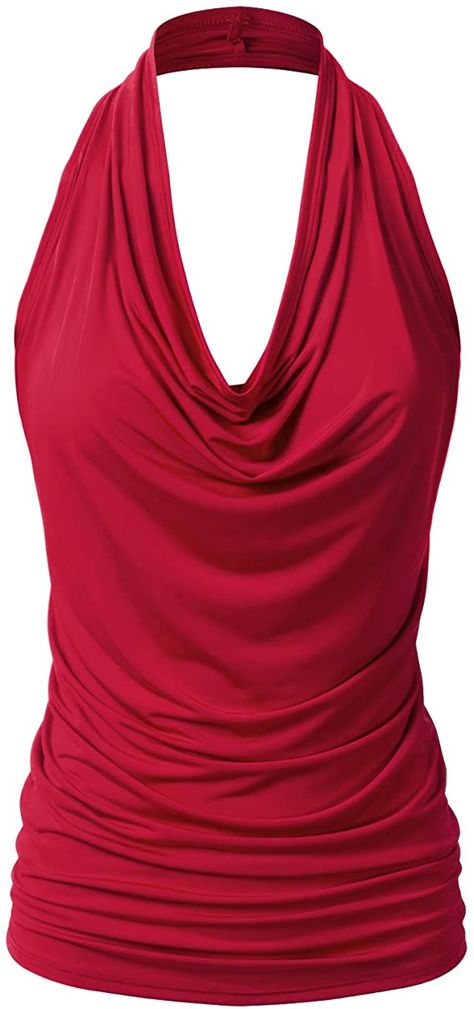 EIMIN Women's Casual Halter Neck Draped Front Sexy Backless Tank Top (S-3XL) at Amazon Women’s Clothing store Low Cut Tank Tops, Chiffon Cami Tops, Red Halter Top, Red Drapes, Backless Tank Top, Halter Blouse, Cut Clothes, Tank Top Outfits, Draped Top