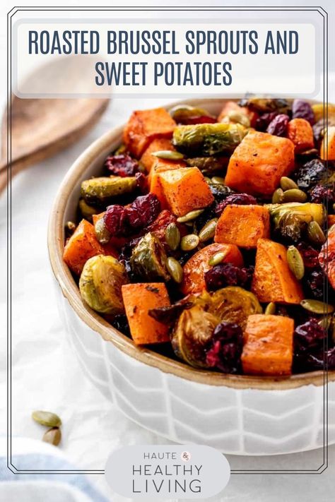 Looking for the perfect side dish for your holiday table? These oven roasted brussel sprouts and sweet potatoes are a tasty addition to any weeknight dinner or Thanksgiving menu. For a time saver, this easy side can be made ahead of time and reheated before serving! #hauteandhealthyliving #glutenfree #vegan #Thanksgiving #holidaysidedish Thanksgiving Recipes Side Dishes Healthy, Fresh Pumpkin Recipes, Roasted Brussel Sprouts Oven, Maple Sweet Potatoes, Sweet Potato Pecan, Roasted Brussels Sprouts, Roasted Brussel, Thanksgiving Recipes Side Dishes, Brussel Sprout Salad