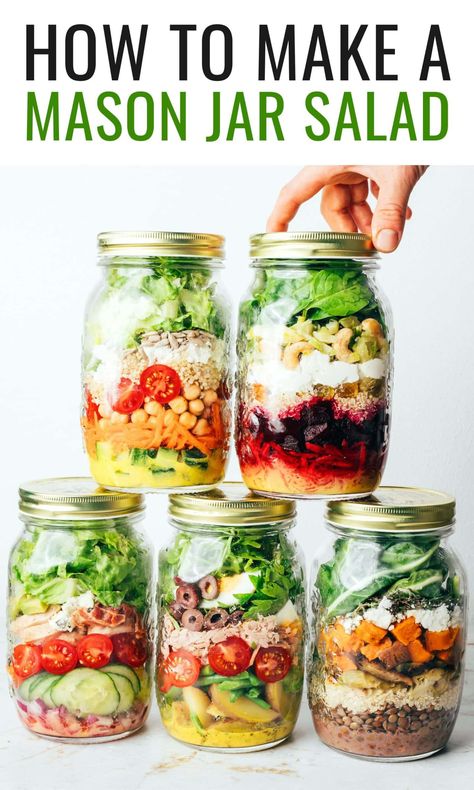 Canning Jar Salads, Thai Salad In A Jar, Premade Salads For The Week, Mason Jar Salads For A Week Meal Prep, Mason Jar Salads For A Week, Salads In Mason Jars, Salads In A Jar, Mediterranean Salads, Mason Jar Meal Prep