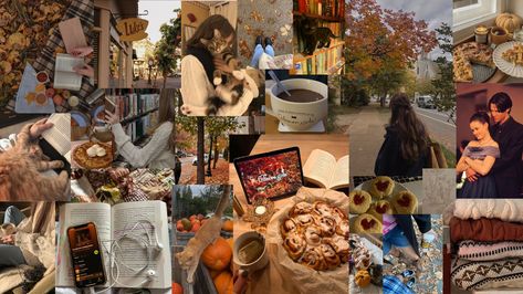 aesthetic fall laptop wallpaper with a cozy gilmore girl vibe plus cats!! 🍂˚ ༘ ೀ⋆｡˚☕️ Warm Fall Color Palette, Fall Backrounds, Rustic Autumn Decor, October Moodboard, Desktop Wallpaper Fall, Pink Wallpaper Laptop, Downtown Aesthetic, Iphone Wallpaper Preppy, Leaf Collage