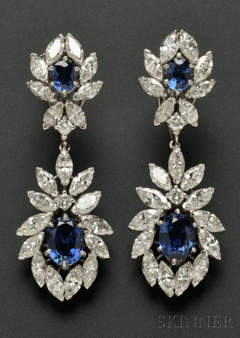 CARTIER Platinum, Sapphire, and Diamond Day/Night Earpendants, set with cushion-shape sapphires framed by marquise and full-cut diamonds, approx. total wt. 7.38 cts., lg. 2 in; purchased in the 1970s Platinum Jewellery, Sapphire Jewellery, Bijoux Art Deco, Earrings Sapphire, Jewellery Diamond, Platinum Earrings, Platinum Jewelry, Cartier Jewelry, Fabulous Jewelry