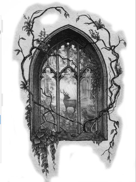 Cathedral Windows Tattoo, Greek Window Tattoo, High Fantasy Tattoo, Vintage Window Tattoo, Window Tattoo Vintage, Gothic Window Painting, Window Scene Tattoo, Fantasy Window Tattoo, Castle Window Drawing