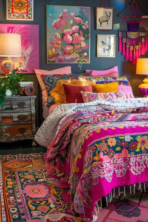 Boho Decor Colorful, Bright Boho Decor, Bold Boho Bedroom, Cozy Rugs For Bedroom, Boho Wall Color Ideas, Boho Furniture Painted, Colorful Bohemian Bedroom Decor, Colorful Bohemian Bedroom, Bedroom For Teenage Girl