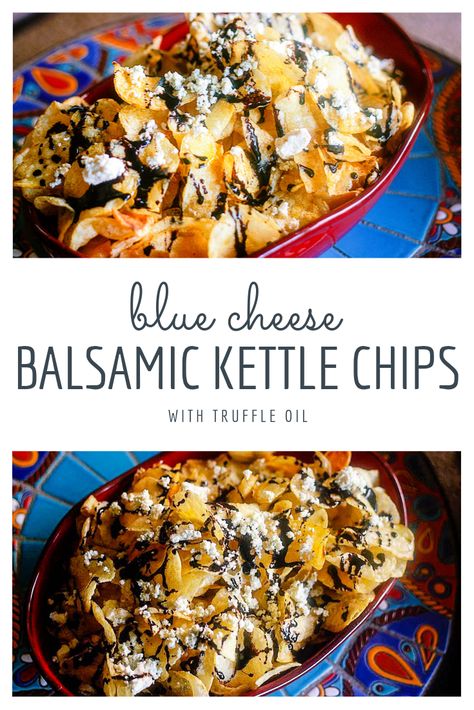 Crunchy Kettle Chips drizzled with truffle oil, sweet balsamic glaze and topped with crumbled blue cheese! Perfect with cold beer, wine or mixed drinks! | JenniferCooks.com  #appetizers #appetizerrecipes #snackrecipes #tailgatingrecipes #partysnacks #partyfood #fingerfoods Crunchy Snacks, Cheese Chips, Kettle Chips, Appetizers For A Crowd, Chef's Kitchen, Tailgating Recipes, Bleu Cheese, Truffle Oil, Spread Recipes