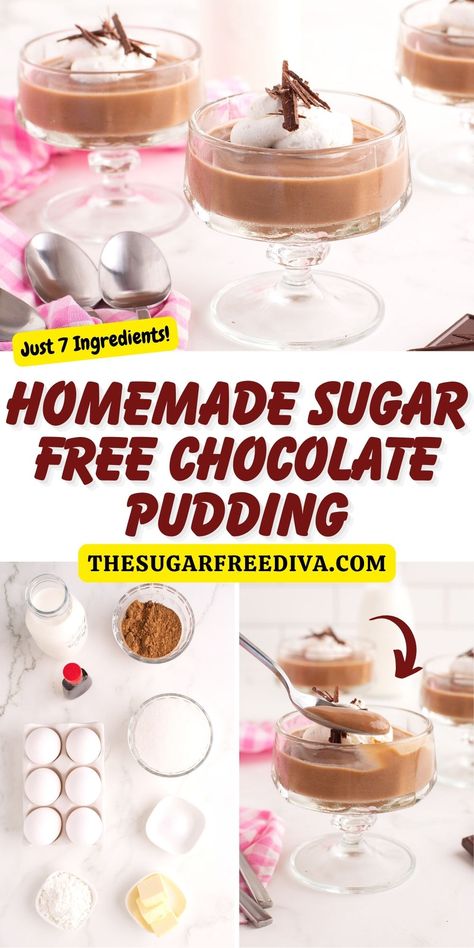 **Homemade Sugar Free Chocolate Pudding, a simple, delicious and easy recipe made from scratch in about 20 minutes, with no added sugar. Read more at: https://thesugarfreediva.com/homemade-sugar-free-chocolate-pudding/ #sugarfree #noaddedsugar #sugarfreedessert #diabeticdessert #dessertrecipe #pudding #chocolate Sugar Free Chocolate Pudding, Pudding Recipes Homemade, Sugar Free Desserts Easy, Sugar Free Lifestyle, Homemade Chocolate Pudding, Sugar Free Baking, Chocolate Pudding Recipes, Sugar Free Recipes Desserts, Homemade Pudding