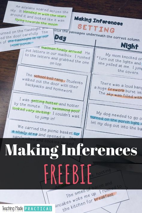 Use this no prep making inferences freebie as a center activity or extra inferencing practice for your 2nd, 3rd, or 4th grade class.  Students read short paragraphs and must use the clues in the paragraphs to determine whether the setting is occurring during the day or at night.  This is a cut and paste activity.  Have students highlight the clues that helped them for additional inferencing practice.  #inferencing #makinginferences #noprep 2nd Grade Inferencing Activities, Inferencing Nonfiction Text, Teaching Setting 4th Grade, 3rd Grade Inference Activities, Inferencing Activities 2nd Grade, Inferencing Activities 5th Grade, Inferences 2nd Grade, Inferencing Activities, Inference Activities