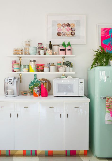 Mint Fridge, Cluttered Shelves, Neon Kitchen, Kitchen Smeg, Apt Kitchen, Kitchen Pop, Donut Art, Colourful Kitchen, Neon Details