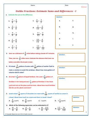 Worksheet | Unlike Fractions: Estimate Sums and Differences - I | Estimate the value of an addition or subtraction expression having unlike fractions. Practice problems will test your estimation skills. Unlike Fractions, Elementary Health Lessons, Math Fractions Worksheets, 5th Grade Worksheets, Fraction Word Problems, Decimals Worksheets, 4th Grade Math Worksheets, Free Printable Math Worksheets, Adding And Subtracting Fractions