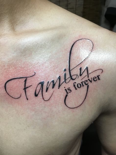 Family is forever Good Mens First Tattoos, No Family Tattoo, Family Text Tattoo, Word Family Tattoo, Family Is Everything Tattoo, Family Is Forever Tattoo, Family Forever Tattoo, Family Inspired Tattoos, Meaningful Family Tattoo Ideas