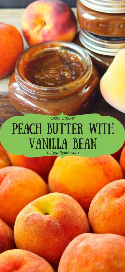 Peach-y, caramel-y, vanilla-y, this slow cooker peach butter is so good. The fact that it is an incredibly easy canning recipe too can be our little secret! via @nittygrittylife Peach Butter, Easy Canning, Canning Recipe, Peach Puree, Cucumber Recipes, Dehydrated Food, Jams & Jellies, Butter Recipe, Canning Recipes