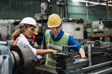 Stock Image: Man and woman engineer industry worker wearing hard hat in factory, Woman Engineer, Factory Worker, Safety Procedures, Machine Vision, Employee Management, Staff Training, Good Employee, Used Tools, Safety Tips