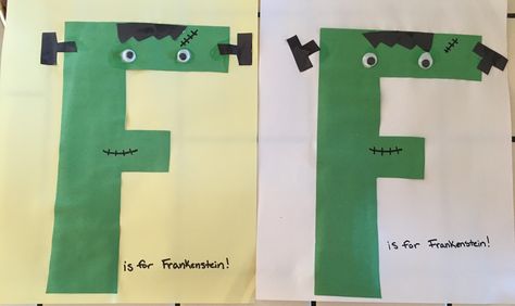 F for Frankenstein letter of the week craft F Is For Frankenstein Craft, F Is For Fall Craft, F Craft, Letter F Craft, Frankenstein Craft, Joy School, Preschool Craft Activities, Alphabet Crafts, Letter Of The Week