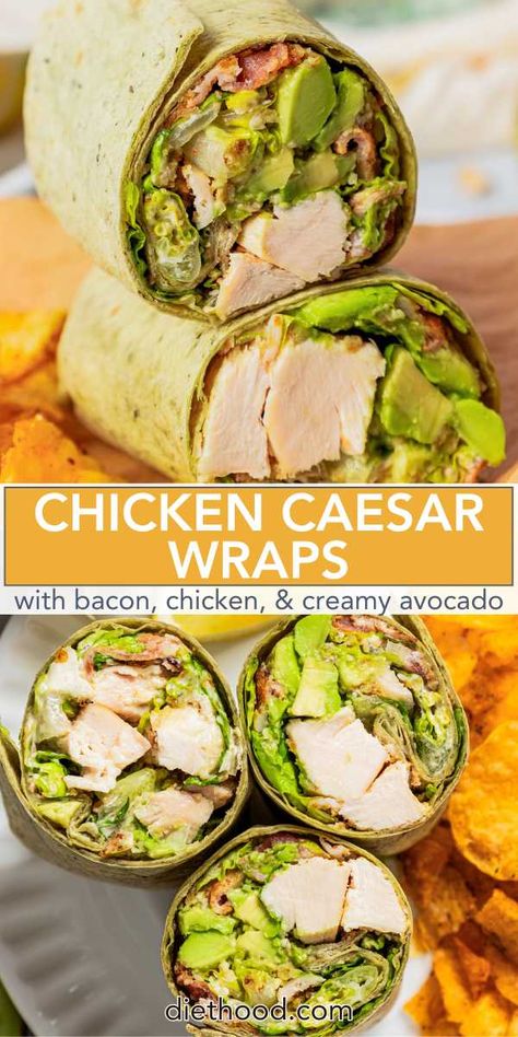 Get ready to fall in love with these light and refreshing chicken Caesar wraps! Packed with crunchy romaine, crispy bacon, juicy chicken, and creamy avocado, all mixed with classic Caesar dressing, they make the perfect grab-and-go lunch that's sure to become a new favorite. Healthy Chicken Ceaser Wraps Recipe, Chicken Ceaser Wraps Recipe, Hoender Geregte, Avocado Wrap Recipes, Chicken Caesar Wrap Recipe, Diethood Recipes, Chicken Avocado Wrap, Chicken Caesar Salad Wraps, Caesar Wrap