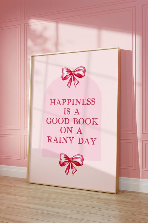 Happiness Is A Good Book Art Print | Preppy Coquette Wall Decor Bookish Pink + Red Book lover Bow Reader Art Print Reading apartment Poster Book Lover Room Decor, Coquette Poster Prints, Coquette Wall Decor, Single Girl Apartment, Bookish Prints, Unique Wallpapers, Bookish Art, Book Prints, Preppy Coquette