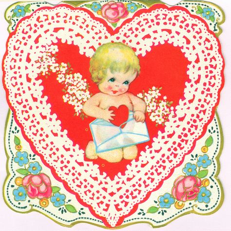 Vintage Cellophane Valentine | by contrarymary Valentine Stuff, Valentine Vintage, Valentine Tea, Valentine Cupid, Valentine Images, Vintage Valentine Cards, Lace Doily, Valentine Hearts, Retro Valentines