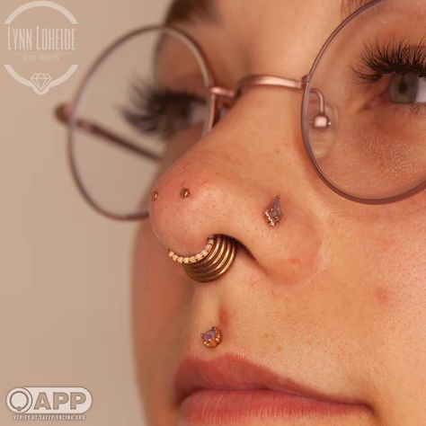 Forward Nostril Piercing, Rhino Piercing, Body Gems, Double Nose Piercing, Face Piercings, Cool Piercings, Facial Piercings, Body Modification, Some Body