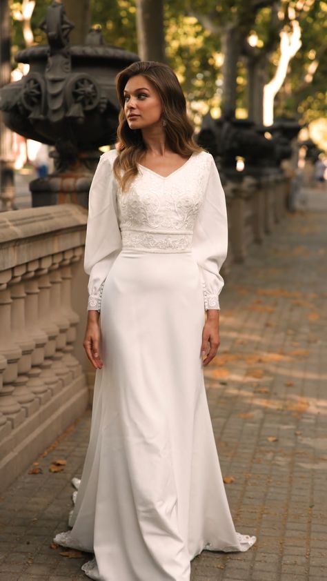 Wedding Dresses Satin Modest, Simple Winter Wedding Dress, Crepe Wedding Dress With Lace, Conservative Wedding Dress, Simple Wedding Gowns, Modest Bridal, Bride Dress Simple, Wedding Dress With Lace, Crepe Wedding Dress