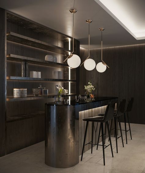 Mini Bar Aesthetic Dark, Bar In Apartment Ideas, Modern Mini Bar Designs For Home, Modern House Bar Design, Home Bar Designs Luxury, Contemporary Home Bar Designs, Modern Home Bar Designs, Mini Bar At Home, Bedroom Inspirations Minimalist