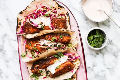 Crunchy Blackened Salmon Tacos with Serrano Slaw - The Defined Dish Blackened Salmon Tacos, Crunchy Fish, Salmon Tacos Recipe, The Defined Dish, Defined Dish, Salmon Tacos, Blackened Salmon, Fish Taco, Cooking Salmon