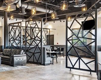 Industrial Restaurant Design, Steel Room Divider, Warehouse Office Design, Modern Industrial Office, Industrial Office Space, Open Concept Office, Metal Room Divider, Warehouse Office, Industrial Office Design