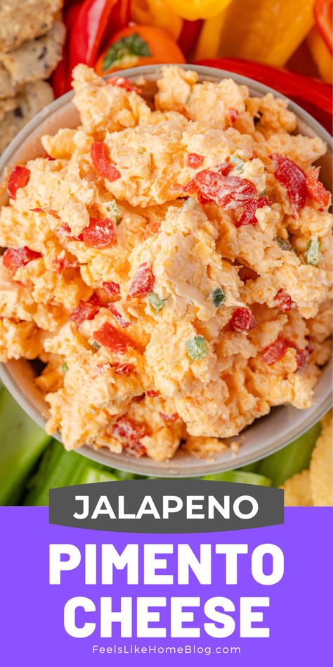 A bowl of creamy jalapeno pimento cheese made with sharp cheddar, jalapeños, cream cheese, and mayo, perfect for an easy, homemade Southern spread, spicy dip, or keto-friendly football food. Diy Party Platters, Jalapeno Pimento Cheese Recipe, Jalapeno Pimento Cheese, Spicy Pimento Cheese, Homemade Spreads, Best Pimento Cheese, Keto Dip, Pimento Cheese Recipe, Pimento Cheese Dip