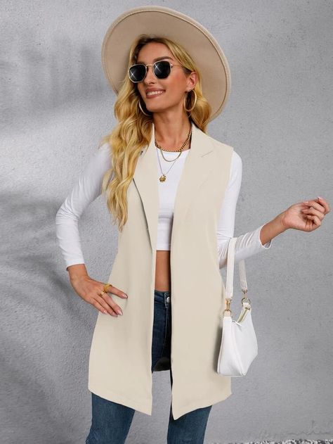 Blazer chaleco unicolor de cuello con solapa con parte delantera abierta | Moda de Mujer | SHEIN México Jacquard Suit, Sweater Vest Outfit, Plain Vest, Women Blazers, Long Overcoat, Business Outfits Women, Outfit Mujer, Vest Blazer, Fabulous Clothes