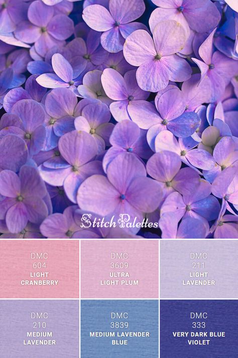 Violet Blossom: Embroidery Thread Palette SPA0596. Floss color inspiration for cross stitch and embroidery projects. Thread colors used: DMC 604: Light Cranberry / DMC 3609: Ultra Light Plum / DMC 211: Light Lavender / DMC 210: Medium Lavender / DMC 3839: Medium Lavender Blue / DMC 333: Very Dark Blue Violet. Lavender Pallete, Stitch Palettes, Lavender Color Palette, Blossom Embroidery, Color Schemes Colour Palettes, Light Lavender, Thread Colors, Color Palette Design, Color Psychology