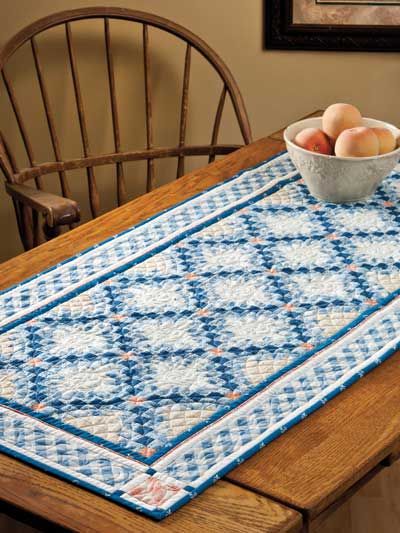 Irish Chain Runner - Notice the gingham border set on the diagonal to mimic the irish chain center. Chain Table, Table Runner Patterns, Spring Table Runner, Irish Chain Quilt, Table Quilts, Place Mats Quilted, Quilted Table Toppers, Lap Quilts, Table Runner And Placemats