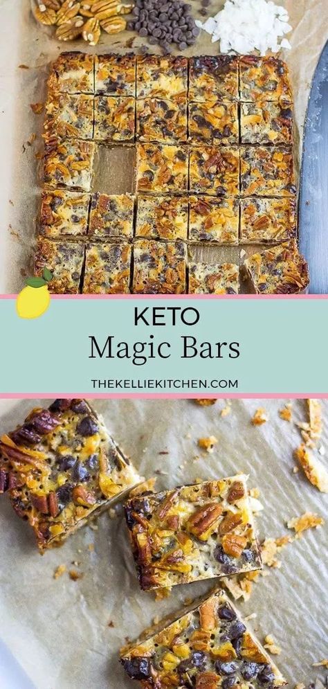 Keto Magic Bars….with magic in the title I feel like I have to say no more. These low carb dessert bars are a fun take on an old sugar-laden favorite also known as Seven Layer Bars. || The Kellie Kitchen Sugar Free Protein Bars, Low Carb Snack Bars, Seven Layer Bars, Low Carb Bars, No Sugar Desserts, Bars Healthy, Low Sugar Snacks, Keto Bars, Layer Bars