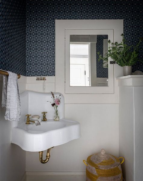 Katie Leclercq, Tiny Powder Room, White Quartz Counter, Vintage Sconces, Sandberg Wallpaper, Boy’s Room, Aesthetic Bathroom, Corner Sink, Cottage Style Decor