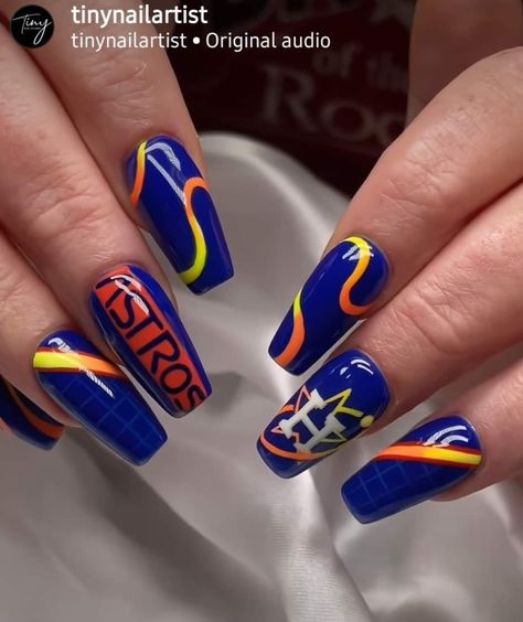 Houston Astros Acrylic Nails, Houston Astros Nail Designs, Astros Nail Designs, Houston Astros Nails, Astros Nails, Houston Texans Nails, Team Nails, Baseball Nails, Nail School