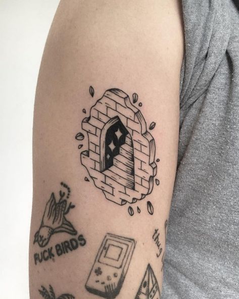 Tattoo of a hole and stairway in a brick wall by Yakes The Wall Tattoo, Door Tattoo, Hole In Wall, Hole In The Wall, A Brick Wall, Wall Tattoo, Line Art Tattoos, Art Exhibit, Black Ink Tattoos