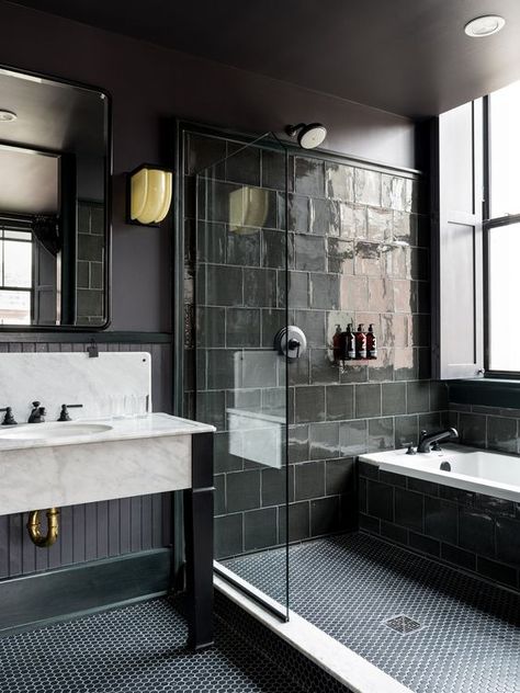 Hotel Bathroom Design, Black And White Bathroom, Bathtub Design, Stunning Bathrooms, Ace Hotel, Black Tiles, Master Bath Remodel, Basement Bathroom, Design Bathroom