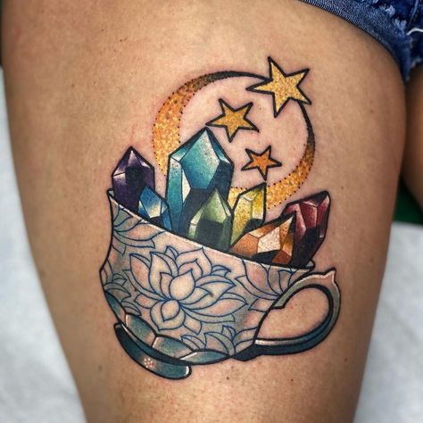 Simple Cat Tattoo, Nature Tattoo Ideas, Line Art Simple, Tea Tattoo, Teacup Tattoo, Cat Tattoo Ideas, Pride Tattoo, Cup Tattoo, Crystal Tattoo