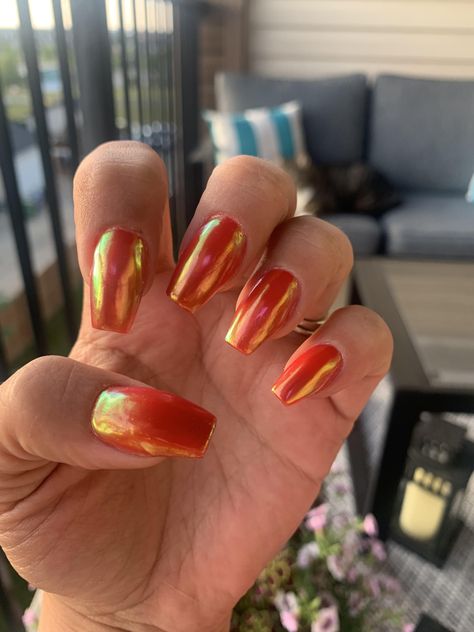 Best 24  orange chrome nails you must try this year Orange Chromatic Nails, Orang Chrome Nails, Orange Natural Nail Designs, Red Orange Chrome Nails, Metallic Orange Nails, Orange Metallic Nails, Orange Chrome French Tip Nails, Orange Nails With Chrome, Chrome Nails Orange