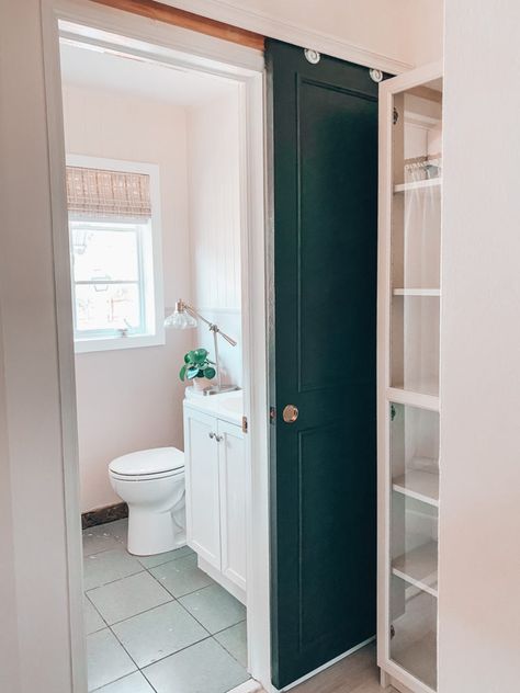 Bathroom Door Hits Toilet, Small Sliding Bathroom Door, Farm Doors Sliding Bathroom, Door For Small Space Bathroom, Sliding Door For Small Bathroom, Sliding Doors For Bathroom Small Spaces, Sliding Door Into Bathroom, Bathroom Door Small Space, Space Saving Door Ideas Bathroom