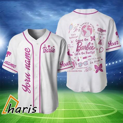 Custom Name Barbie Baseball Jersey Check more at https://teecharis.com/product/custom-name-barbie-baseball-jersey/ Disney Shirt, Baseball Jersey, Barbie Girl, Baseball Jerseys, Custom Name, Letting Go, Baseball, Let It Be, Disney