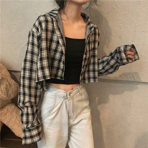 Cropped Plaid Shirt Outfit, Check Shirts For Women, Outfit Repeater, Plaid Shirt Outfits, Check Shirts, Trendy Blouse, Korean Casual Outfits, Plaid Shirts, Graffiti Designs