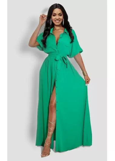 ROTITA Solid Belted Button Up Turndown Collar Dress | Rotita.com - USD $34.20 Style Vert, Womens Green Dress, Loose Shirt Dress, Collar Shirt Dress, Shirt Collar Styles, Green Shirt Dress, Flowing Dress, Collared Shirt Dress, Maxi Shirts