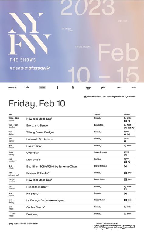 Here is the latest New York Fashion Week Schedule. We look forward to bringing you the latest from all of the top designers from around the world. Stay tuned and check back for updates. Tiffany Brown, 2023 Schedule, 2023 Image, Fashion Week Schedule, 2023 Images, Week Schedule, Spring Studios, Fashion Week 2018, Fashion School